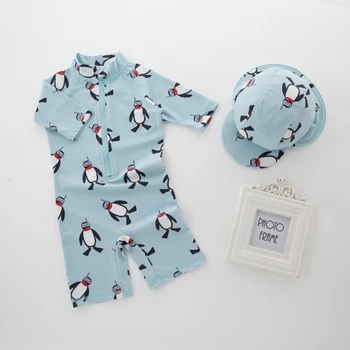 Купальный костюм для мальчиков, детский цельный купальник с принтом Пингвина, пляжная одежда для плавания для детей, детские купальники для малышей 2-7 лет